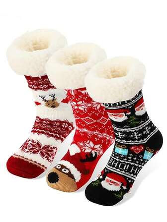 1/2/3 Pairs Coral Fleece Christmas Socks, Women Mid-Calf Socks, Warm Fuzzy Thick Socks For Christmas, Home, Winter