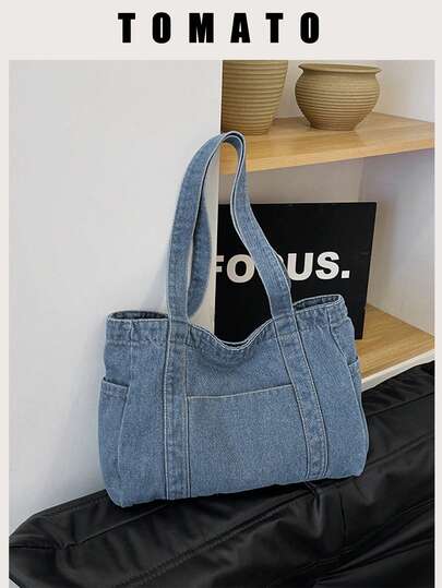 1pc High-Quality Blue Canvas Tote Bag, Large Capacity Commute/Work/Shopping Shoulder Bag For Women, Minimalist Design