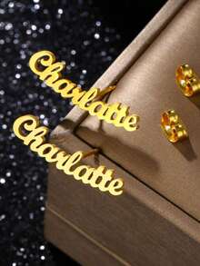 Customized Name Women's Earrings, Classic Stainless Steel Gold Cursive Letter Arch Earrings, Bohemian Style Summer Earrings, Personalized Pendant, Birthday Jewelry, Anniversary Gift For Wife, Couples, Christmas Present, Everyday Wear, Gold, Fashionable, Retro, Minimalist, Unisex - Multicolor - View 8