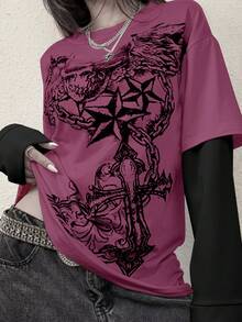女士时尚街头 Y2K 哥特式个性化小众印花圆领长袖二合一 T 恤 - 紫色 - 查看 2