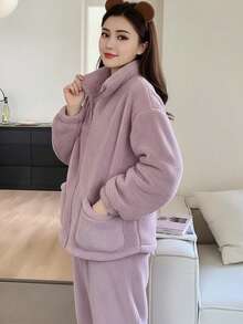 1 Piece Solid Color Simple Coral Fleece & Flannel Cashmere-Like Half-Fleece Pajama Set, Unisex (Couple-Style) Thermal Lined Thickened Comfortable Soft Solid Color Casual Pajama & Bath Robe Set For Autumn And Winter, Suitable For Daily Home Wear And Sleeping(The Style Of The Zipper Is Random.)