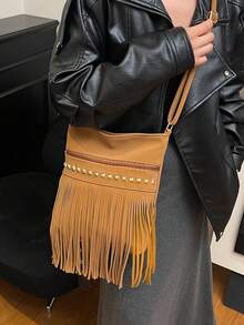 Large Capacity Fringed Rivet Decorated Envelope Bag, Fashionable American Style Crossbody Bag, Versatile Ins Shoulder Bag - Brown - View 7