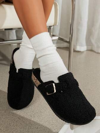 Women's Fashion New Plush Closed Toe Single Buckle Comfortable Suitable For Indoor Outdoor Vacation Casual Flat Slippers
