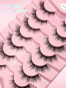 7 Pairs Natural Messy Cat Eye False Eyelashes, Transparent Band, Cat Eye Makeup Effect, Thin & Long, Extended Outer Corner, Soft & Natural Looking False Lashes - 貓眼假睫毛 2 - 查看 3