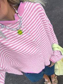 Áo khoác cardigan dệt kim kẻ sọc dáng rộng phong cách đường phố thu đông mới của Vivid Style dành cho nữ, thích hợp cho dạo phố, sân bay, Giáng sinh, Năm mới, màu hồng. - Hồng - Xem 6