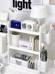 1 pieza Organizador de escritorio de doble capa con estilo Ins, con ganchos, soporte para lápices y estante de almacenamiento