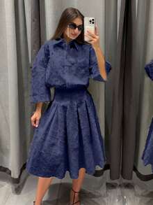 2pcs Women's Spring/Autumn Fashion Shirt And Skirt Set - Blue - View 6