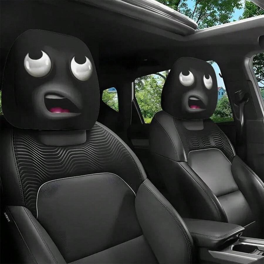 2 Funny Car Headrest Covers - Expressive Eyes And Mouth Design, No Stuffing Required, Quick Installation, Suitable For All Cars, SUVs, And Trucks - Halloween, Christmas, And Everyday Decorations - Funny Car Interior Accessories For Men And Women - Easy Clip-On Installation - 黑色 - 查看 1