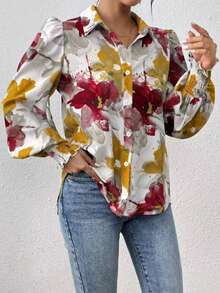 Floral Print Button Front Lantern Sleeve Shirt, Vacation