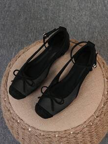 Women's Ballet Flats, Fashionable Square Toe Slip-On Soft Bottom Shoes, Versatile Flat Shoes, Black Hollow Flat Bowknot Loafers, Size Run Large, Plus Size 35-43