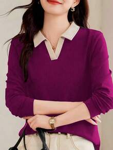 2025 新款秋季女式 Polo 领长袖 T 恤，时尚外套套头衫 - 紫色 - 查看 4