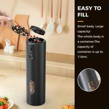 1pc Smart Electric Pepper Grinder. Type-C Charging (Includes 300mAh Lithium Battery). 110ml Large Capacity/LED Light|6 Coarseness Levels Adjustment|Top Filling/Ceramic Grinding Core. Suitable For Grinding Various Spices. Ideal For Kitchen, Outdoor And BBQ Use. An Essential Kitchen Tool.