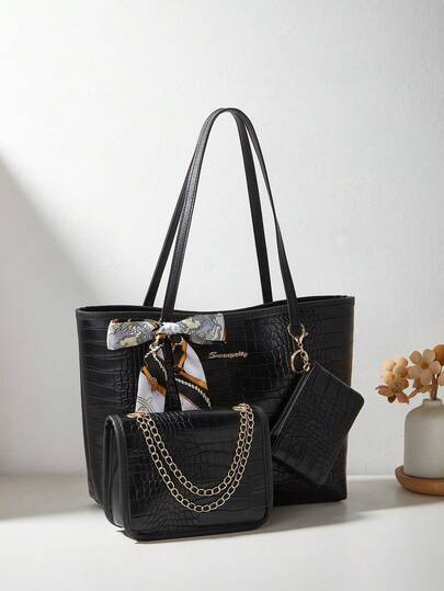3 pezzi Set da donna: Sciarpa da spalla, Borsa a tracolla, Borsa a tracolla con catena e Portamonete, Goffrato coccodrillo