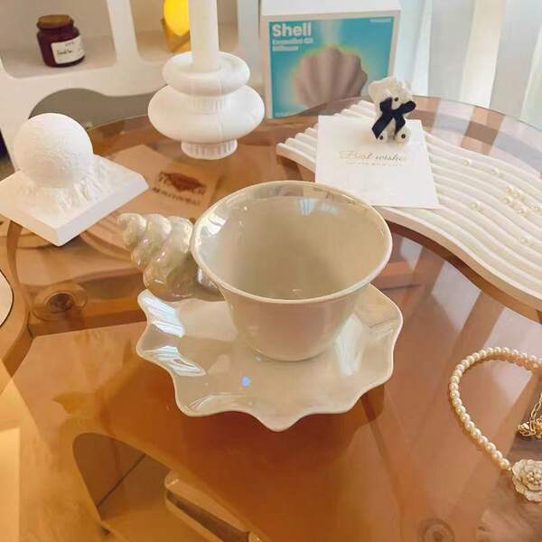 1 Juego de taza y platillo de café, taza de té de la tarde de lujo europea con concha, taza de café con relieve de concha retro, taza para pareja, regalo de Navidad, Día de San Valentín, Halloween