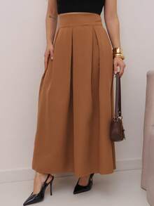 Elegant High Heel Polyester Pleated Long Skirt Women Holiday All Seasons Tailoring - 棕色 - 查看 4