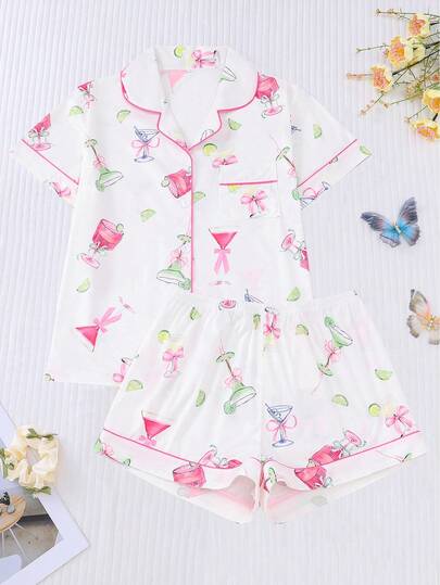 2pcs/Set Women Plus Size Sleepwear Set, White Base With Pink-Green Wine Glass Print, Short Sleeve Shirt With Collar & Button, Soft Top And Elastic Waist Loose Shorts, Fashionable Everyday Wear, Nightwear For Parties, Comfortable For Home And Outdoor