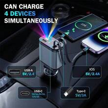 66W Car Charger With Starry Sky Projector Lamp, Retractable Cable Fast Charge Metal Car Charger, 4-In-1 USB PD Car Accessories - Grey - View 6