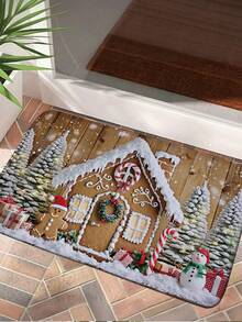 1 pièce Paillasson thème de Noël antidérapant - Maison en pain d'épices, bonhomme de neige, design sapin. Tapis de bain en flanelle, épaisseur 1 yard, tapis de bain rectangulaire, paillasson d'entrée extérieur, tapis de sol de cuisine anti-dérapant et absorbant l'huile, lavable en machine, facile à nettoyer, décoration d'entrée, convient pour le salon, la chambre, la cuisine, la salle de bain, les fêtes, les vacances, les cadeaux - Multicolore - Voir 3