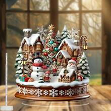 2D Flat, 1pc 2D Acrylic Flat Vintage Christmas Desktop Decoration - Winter Village Scene With Santa, Snowman & Festive Tree - No Electricity Needed, Lightweight Holiday Home Decor For Tabletop, Shelf, Or Birthday Gift, Christmas Decoration - Multicolor - View 3