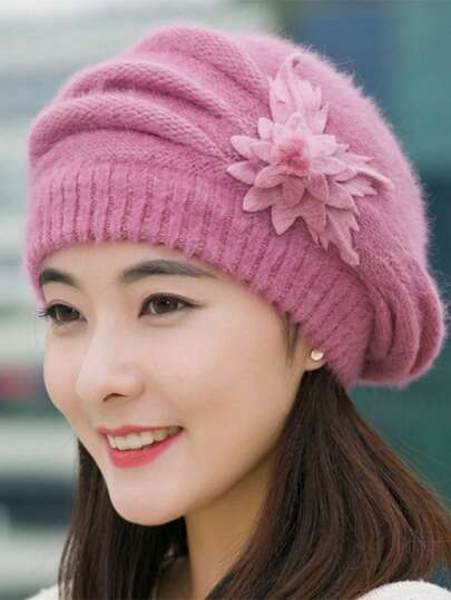 1 pieza Sombrero de moda para mujer, Sombrero de piel de conejo para invierno, Gorro de punto holgado con decoración floral a rayas, Gorro de punto elástico de unicolor, Boina cálida, Adecuado para uso diario, Regalo de otoño e invierno