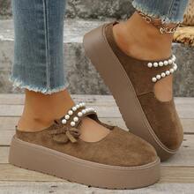 Perlenschlaufen-Schlupfschuhe mit Schleife, retromodische bequeme Flache Schuhe, modische vielseitige Dicksohlen-Flats, Herbst/Winter Neuer Stil