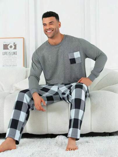 2pcs Men's Plus Size Casual Loose Solid Crew Neck Long Sleeve Top With Pockets & Plaid Pants Pajama Set, Suitable For Spring, Autumn, Winter, Valentine's Day Gift
