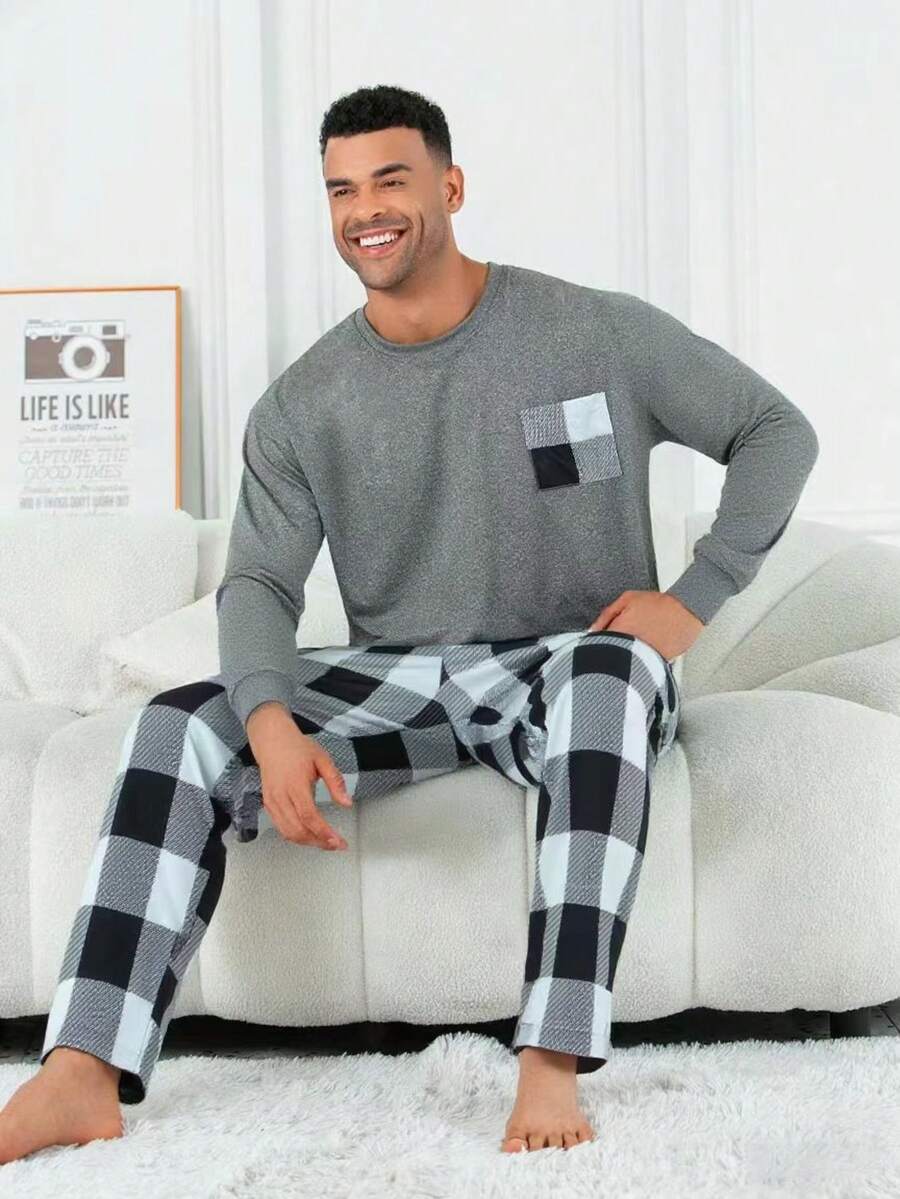 2pcs Men's Plus Size Casual Loose Solid Crew Neck Long Sleeve Top With Pockets & Plaid Pants Pajama Set, Suitable For Spring, Autumn, Winter, Valentine's Day Gift