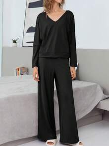Two Piece Women Sets Ribbed Lounge - Off The Shoulder V Neck Top & Wide Leg Pants - 黑色 - 查看 1