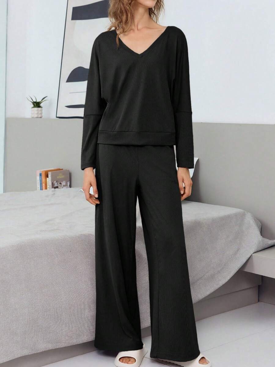 Two Piece Women Sets Ribbed Lounge - Off The Shoulder V Neck Top & Wide Leg Pants - 黑色 - 查看 1