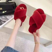 Wine Red Cotton Slippers For Women Autumn And Winter Flat Open Toe Plush Flip Flops Home Indoor Confinement Warm Fur Slippers - 酒紅色 - 查看 1