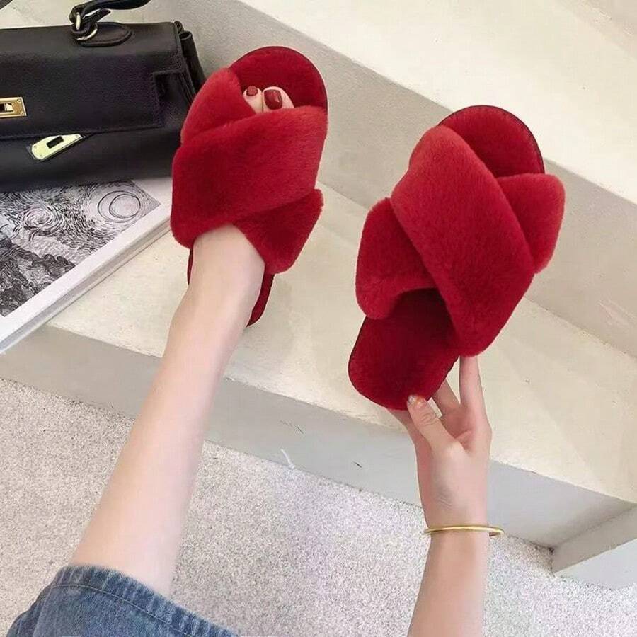 Wine Red Cotton Slippers For Women Autumn And Winter Flat Open Toe Plush Flip Flops Home Indoor Confinement Warm Fur Slippers - 酒紅色 - 查看 1