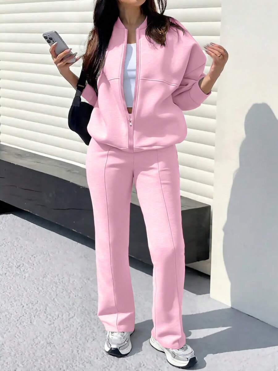 2pcs Set: Solid Color Minimalist Hoodie Jacket Top And Straight Leg Pants, Fashion Outfit For Spring, Autumn, Winter