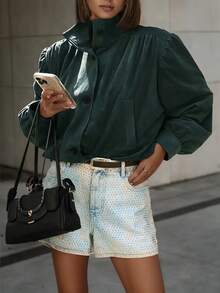 Women's 2025 New Arrival Elegant Mandarin Collar Short Jacket - Dark Green Relaxed Fit All-Season Versatile Coat, Machine Washable Casual To Semi-Formal Outerwear For Women, Jacket For Women, Casual Attire, Minimalist Design, Highquality Stitching, Fabric, Office Attire - Army Green - View 3