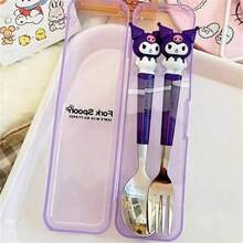 Sanrio 2pcs Stainless Steel Sanrio Hello Kitty & Kuromi Cutlery Set - Portable Cartoon Fork & Spoon Combo, Perfect For Kitchen, Dining, Camping, Picnics, And Christmas Gifts