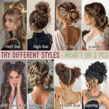 2 PCS Messy Bun Hair Piece Wavy Curly Scrunchies Synthetic Chignon Ponytail Hair Extensions Thick Updo Hairpieces Women GirlsLight Brown Mix Ash Blonde