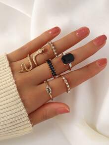 Set de 6 anillos ajustables con forma de serpiente de cristal verde con estilo bohemio para mujeres