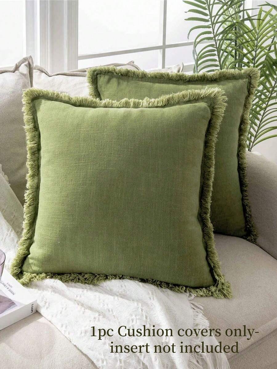 1pc Handmade Tassels Linen Pillow Cover In Green - Army Green - View 1