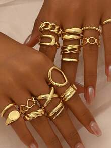 16pcs/Set Geometric Chic Heart Shaped Open-End Rings Set, European Style Luxury Design, Unique Fashion Rings For Women - Yellow Gold - View 5