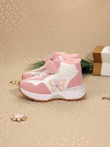 1 Pair Children's Casual Warm Sports Shoes, Anti-Slip Durable Fashion High-Top Leather Surface Slightly Water-Resistant Kids Shoes Suitable For Girls, Thermal Lined For Autumn/Winter