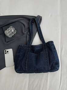 1pc High-Quality Blue Canvas Shoulder Bag, Large Capacity Commuting/Shopping Tote Bag, Minimalist Design Handbag For Women, Tote Bags For Students, Multiple Compartments, Perfect For Beach, School, Work & Daily Use