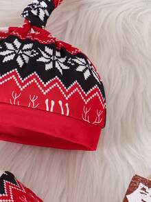 3件套男婴圣诞可爱卡通小鹿字母印花长袖连体衣+圣诞印花休闲裤套装（含帽子） - 紅色 - 查看 6