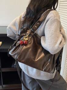 This Classic And Fashionable New Multi-Functional Solid Color Shoulder Bag Is Designed With A Large Capacity Vintage PU Material, Decorated With A Cherry Pendant, And Equipped With A Zipper, Making It An Ideal Choice For Women's Commuter Bags. It Is Very Suitable For Shopping, Travel And Commuting And Other Occasions. , Office Bag
