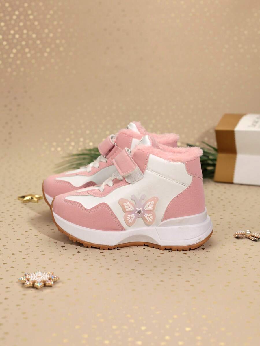 1 Pair Children's Casual Warm Sports Shoes, Anti-Slip Durable Fashion High-Top Leather Surface Slightly Water-Resistant Kids Shoes Suitable For Girls, Thermal Lined For Autumn/Winter