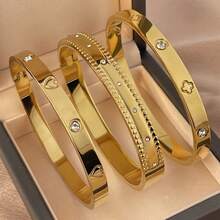 18K Gold Plated Stainless Steel Heart & Four-Leaf Flower Bracelet, Suitable For Women's Party, Daily Wear, European & American Style, Personalized, Luxury Cubic Zirconia Wristband, Wedding Jewelry Set, Gift For Girls, Women, Relatives, Friends, Beautiful Wedding, Birthday, Valentine's Day