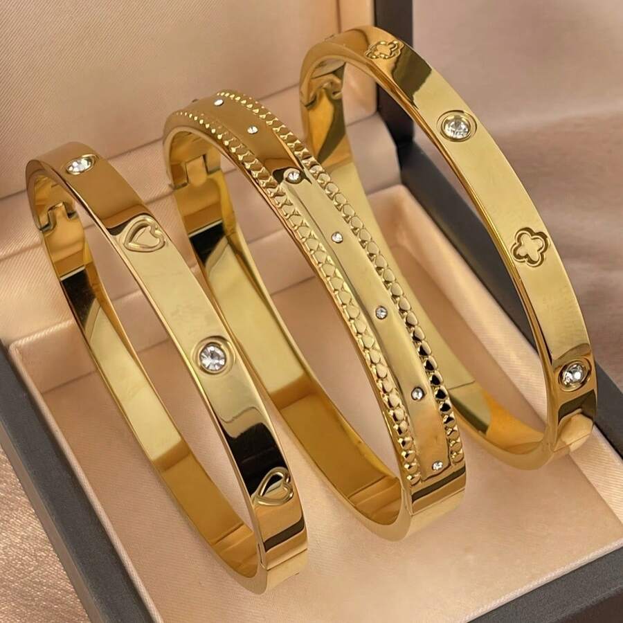 18K Gold Plated Stainless Steel Heart & Four-Leaf Flower Bracelet, Suitable For Women's Party, Daily Wear, European & American Style, Personalized, Luxury Cubic Zirconia Wristband, Wedding Jewelry Set, Gift For Girls, Women, Relatives, Friends, Beautiful Wedding, Birthday, Valentine's Day