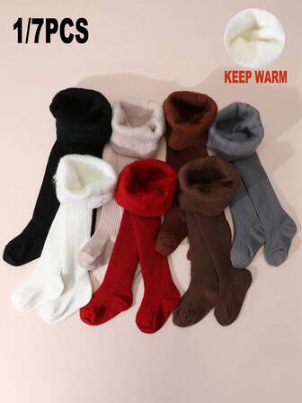 1/7 piezas Medias de unicolor cálidas para niñas, forradas térmicas, aptas para temperaturas por debajo de 5°C, leggings casuales con rayas verticales para otoño/invierno