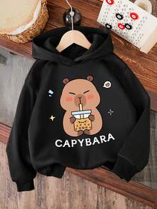 Young Girl Capybara Pattern Warm Hoodie Sweatshirt, Autumn - Black - View 1