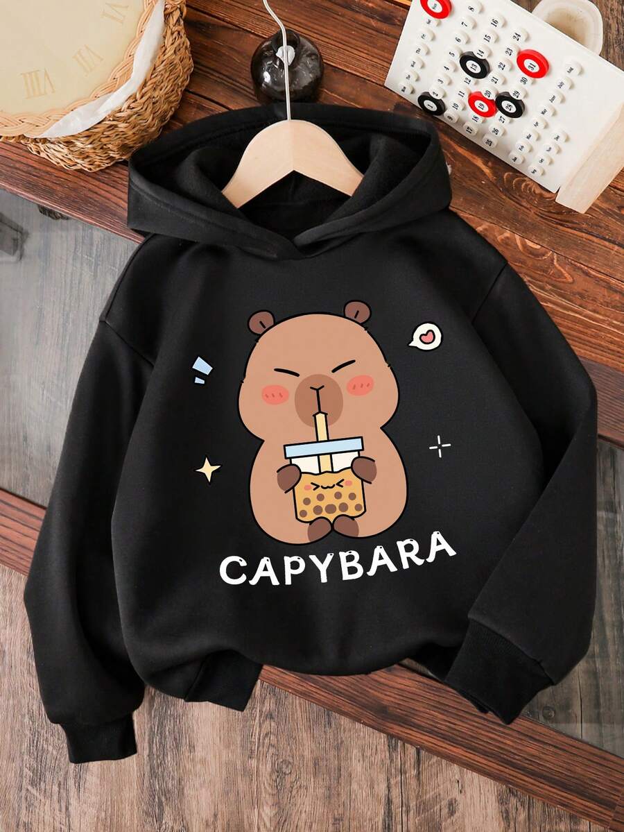 Young Girl Capybara Pattern Warm Hoodie Sweatshirt, Autumn - Black - View 1