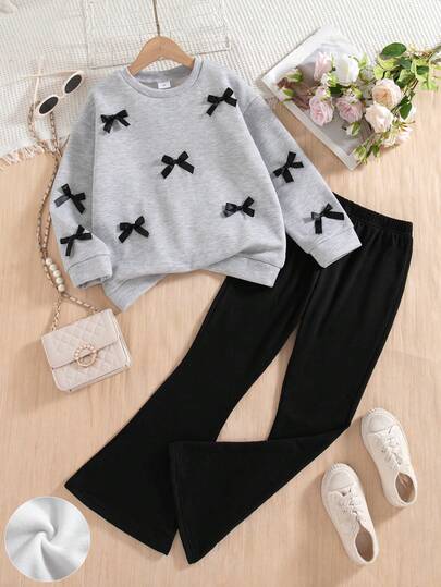 2pcs Girls Casual Outgoing Fashion Solid Color Bow Decor Round Neck Drop Shoulder Long Sleeve Fleece Sweatshirt And Pants Set, Autumn/Winter