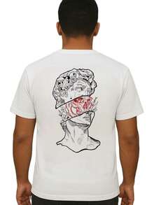 Camiseta manga corta holgada con estampado de moda para hombre de estatua dibujo calavera fácil de combinar Diseño exquisito *muestra tu estilo* - Blanco - Ver 2